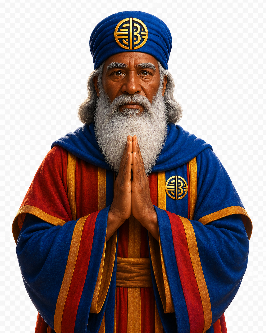 Praying Prophet character with a blue turban, gold emblem, white beard, and red-and-blue robes, hands together in prayer