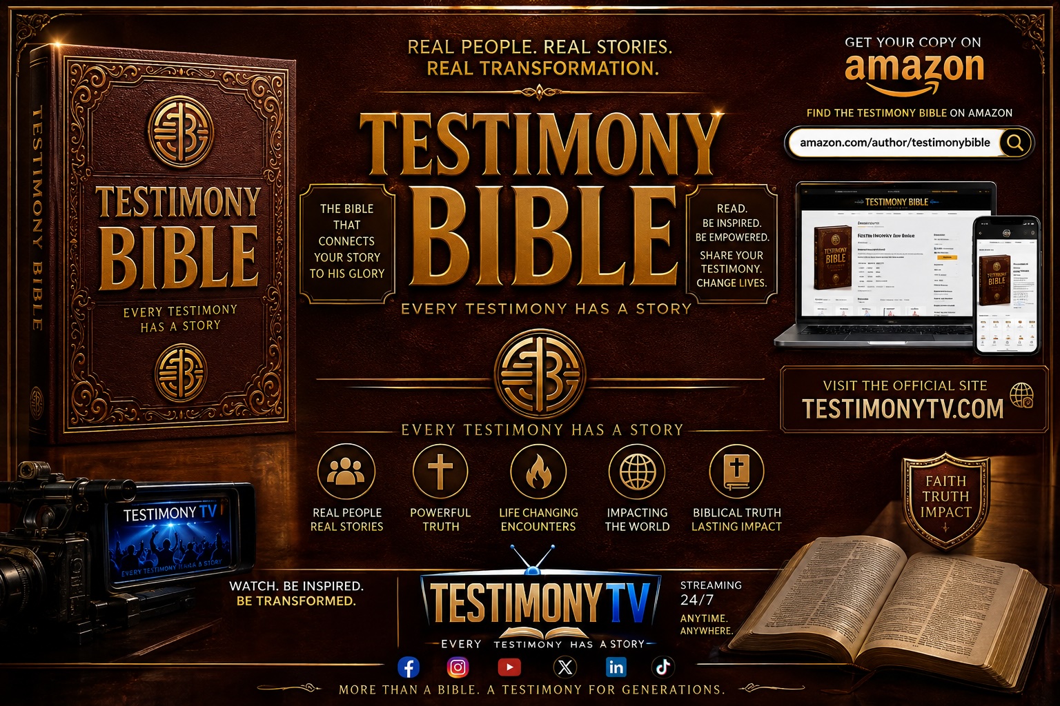 Testimony Bible promotional banner featuring the Bible and TestimonyTV